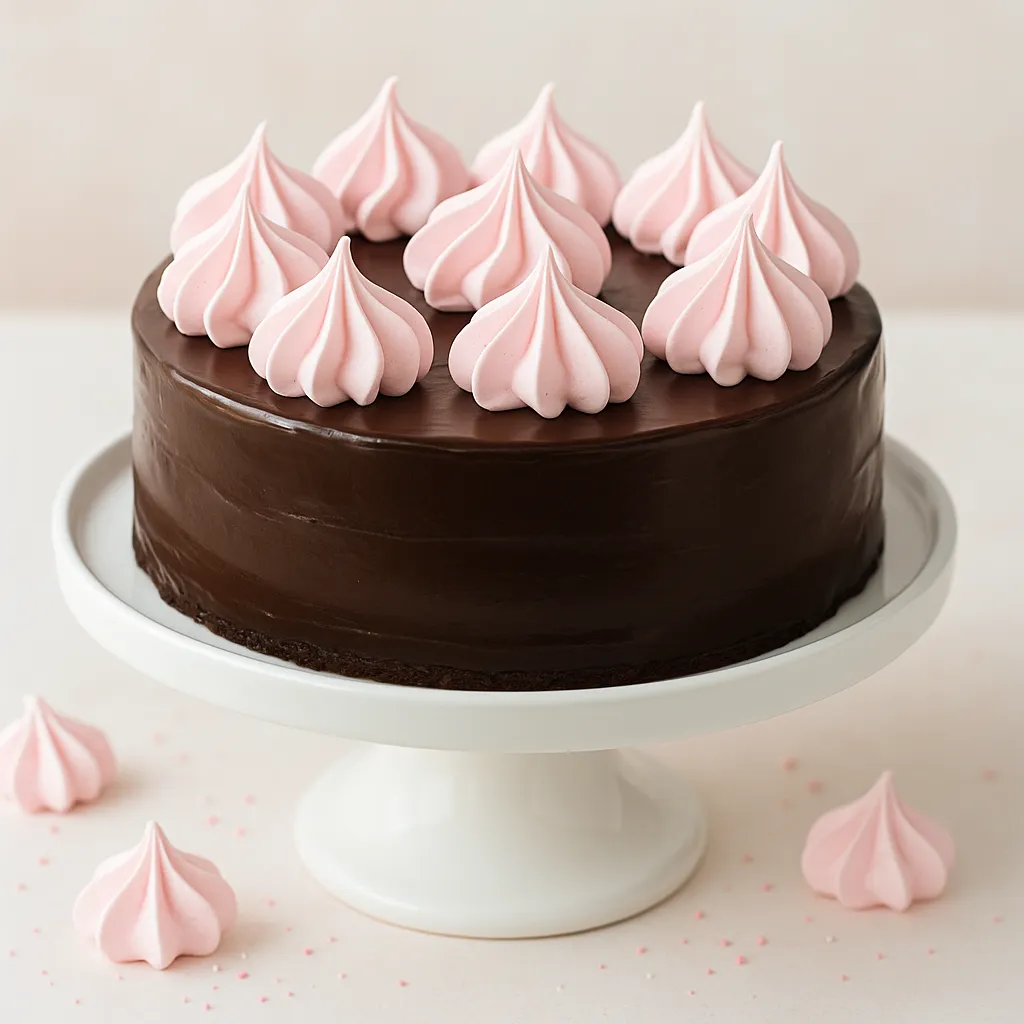 Rich chocolate truffle cake layered with silky ganache and topped with colorful vanilla meringue kisses, displayed on a white cake stand with a soft pastel background