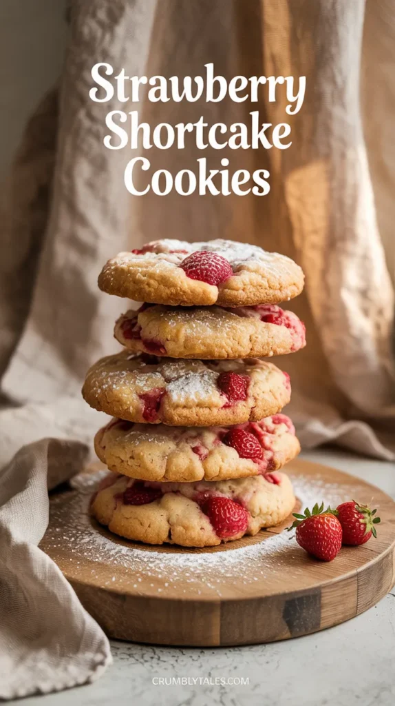 Close-up of the best strawberry cookies: delicate shortbread cookies layered with fresh strawberries and a dusting of powdered sugar. A delicious and yummy cookie recipe.