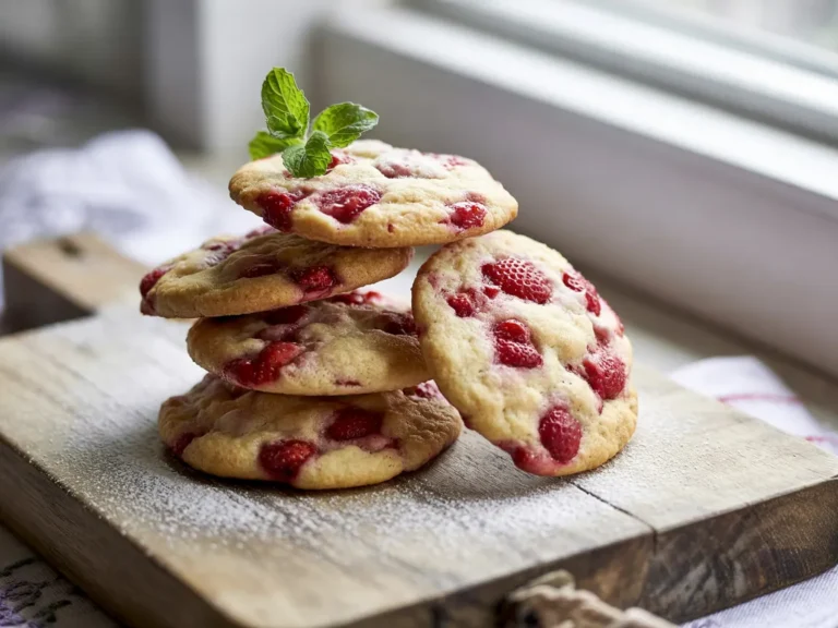 Stack of four yummy strawberry shortbread cookies topped with mint on a wooden board.