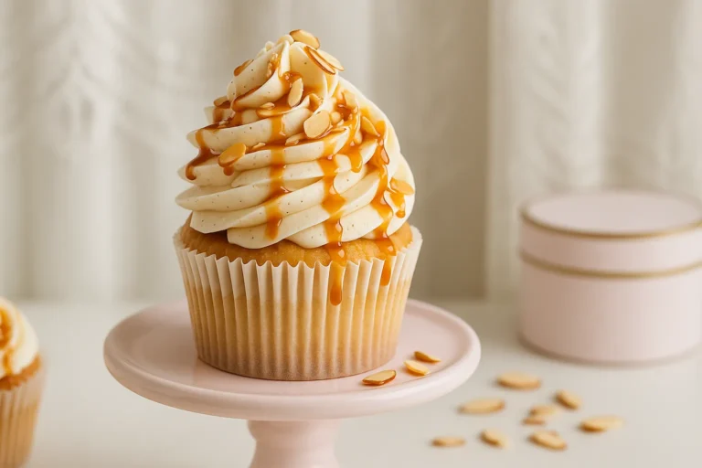 Dreamy vanilla almond cupcake, homemade, with salted caramel and sliced almonds topping.